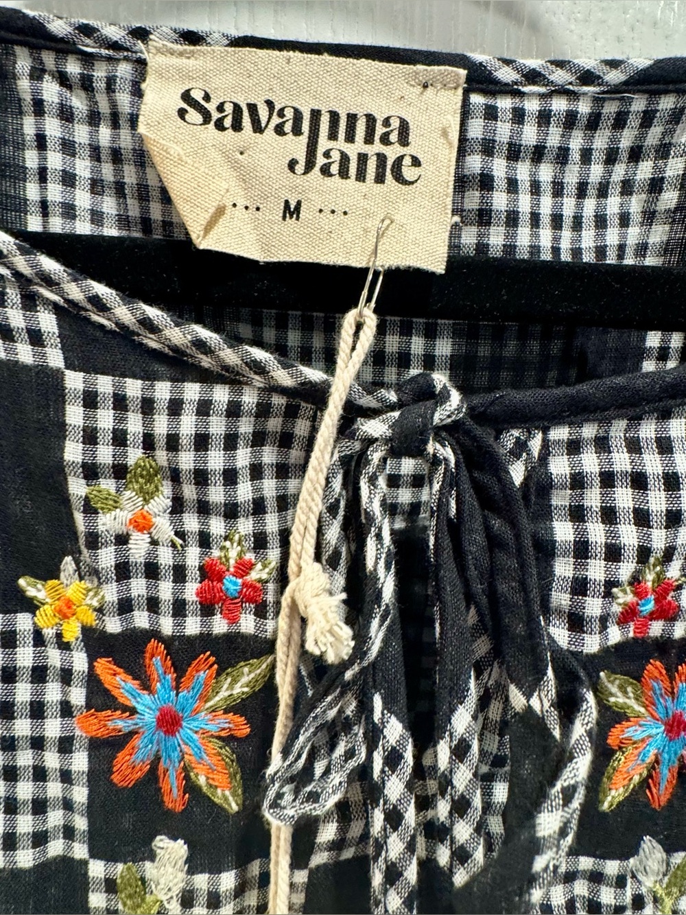 NWT Savanna Jane Medium Gingham Floral Embroidered Boho Blouse - Picture 2 of 5
